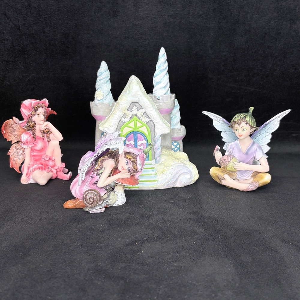 Whimsical Fairy Garden Figurine Set with‎ Winter Castle 4 Piece Resin Collection